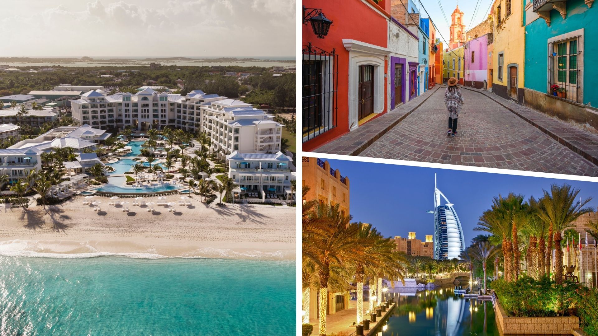 Beaches resort in Turks and Caicos alongside images of Dubai and Mexico