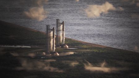 Illustration showing two of SpaceX's Starship rockets at Cape Canaveral Space Force Station's Space Launch Complex-37.