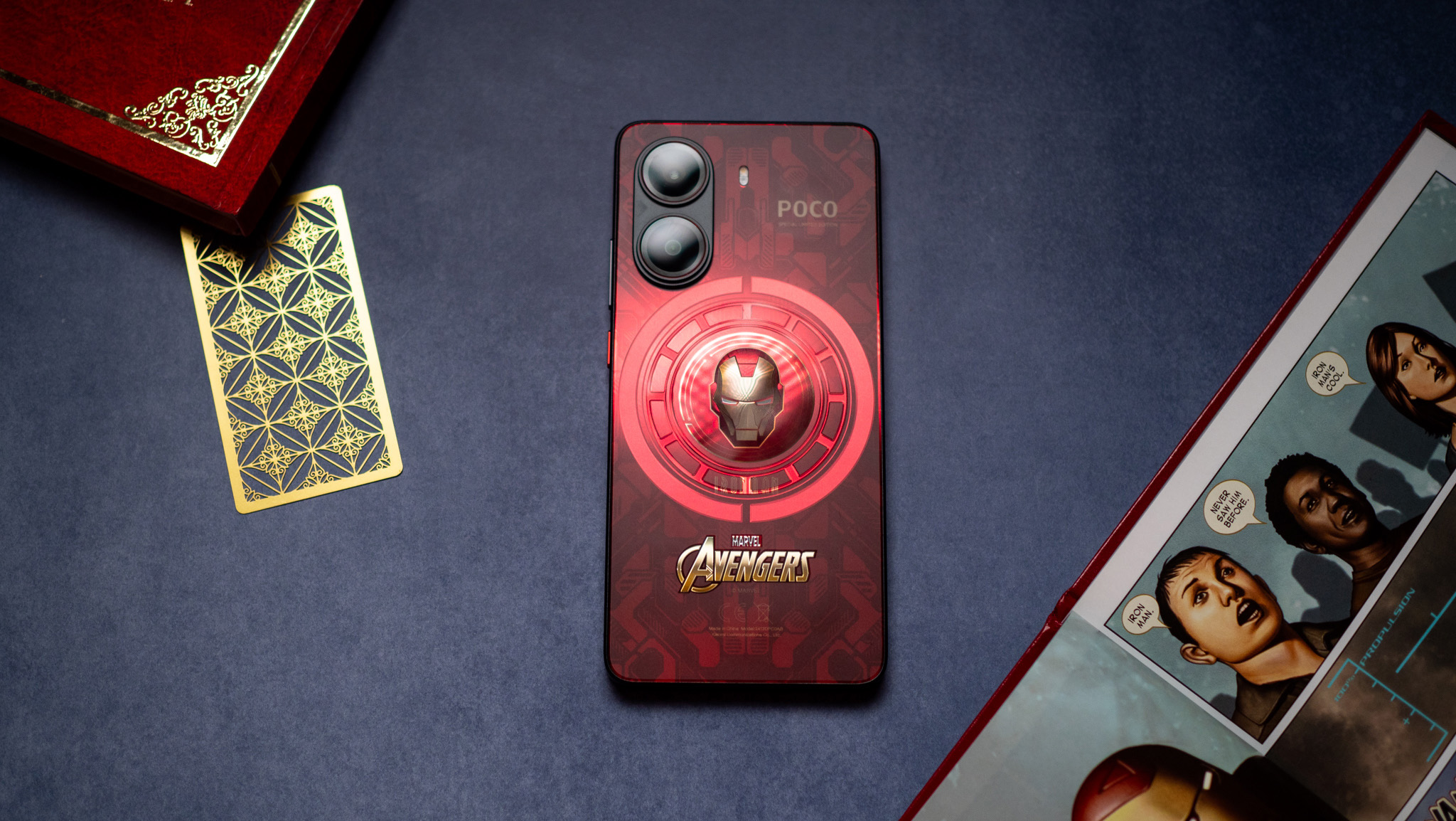 POCO X7 Pro Iron Man Edition back view next to comic