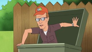 Dale climing out of a trash can in King of the Hill revival