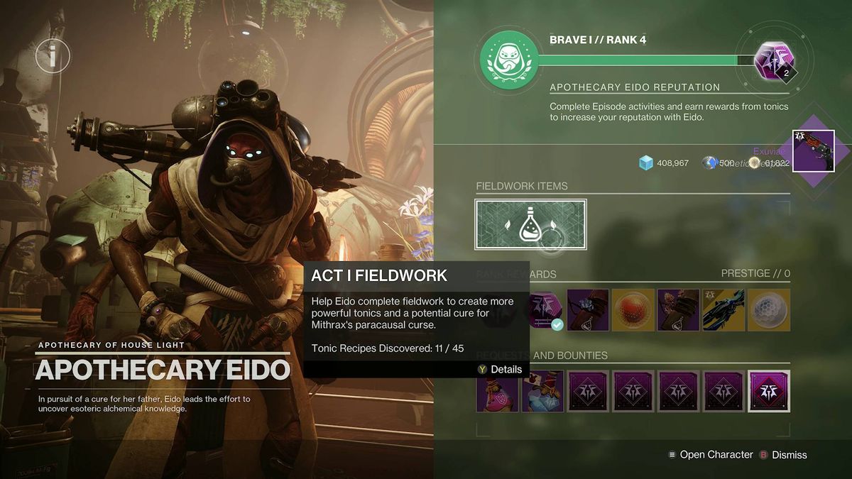 Destiny 2 Revenant Fieldwork tab on eido vendor menu