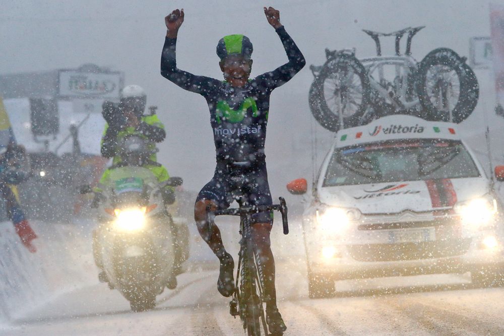 Quintana celebrates in the snow.