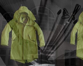 A blended photo of a green parka by Ten c and black and white images of a flower and a building