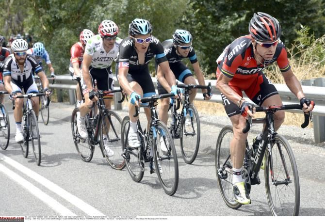 Cadel Evans leads his rivals on the lower slopes of Corkscrew