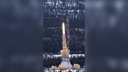 After 48 years in service, the British Skylark rocket motor begins its final mission on Monday May 2, 2005 launching the 12.8-meter (42.2-foot) sounding rocket Maser 10 into space from Swedish Space Corporation SSC's launching facility Esrange in Kiruna nothern Sweden. The first launch of a Skylark was made in 1957 and it has been used 96 times for launching sounding rockets from the pad at Esrange and 440 times in total. Maser 10 is part of the Maser sounding rocket program for research in microgravity _ the state of near-weightlessness experienced inside a falling object. (AP Photo/Paul Whitfield)