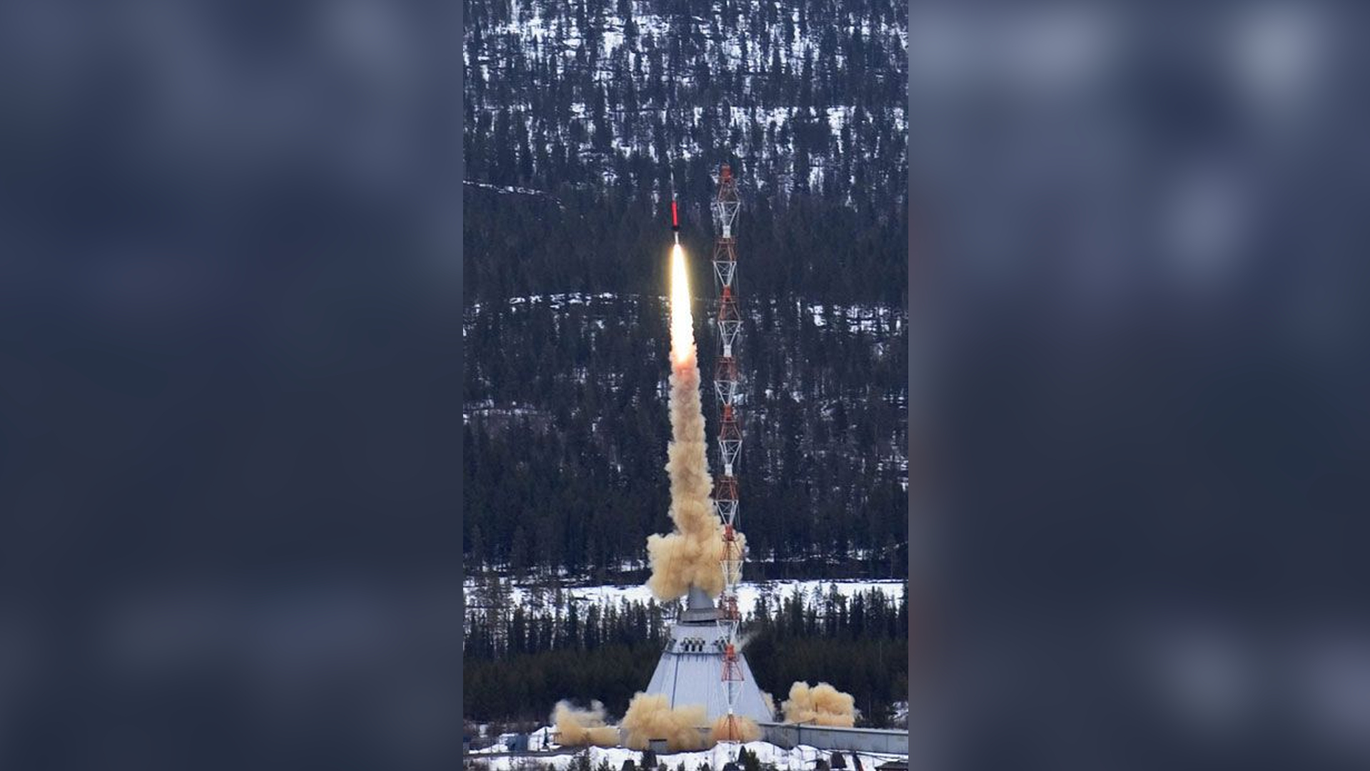 After 48 years in service, the British Skylark rocket motor begins its final mission on Monday May 2, 2005 launching the 12.8-meter (42.2-foot) sounding rocket Maser 10 into space from Swedish Space Corporation SSC's launching facility Esrange in Kiruna nothern Sweden. The first launch of a Skylark was made in 1957 and it has been used 96 times for launching sounding rockets from the pad at Esrange and 440 times in total. Maser 10 is part of the Maser sounding rocket program for research in microgravity _ the state of near-weightlessness experienced inside a falling object. (AP Photo/Paul Whitfield)