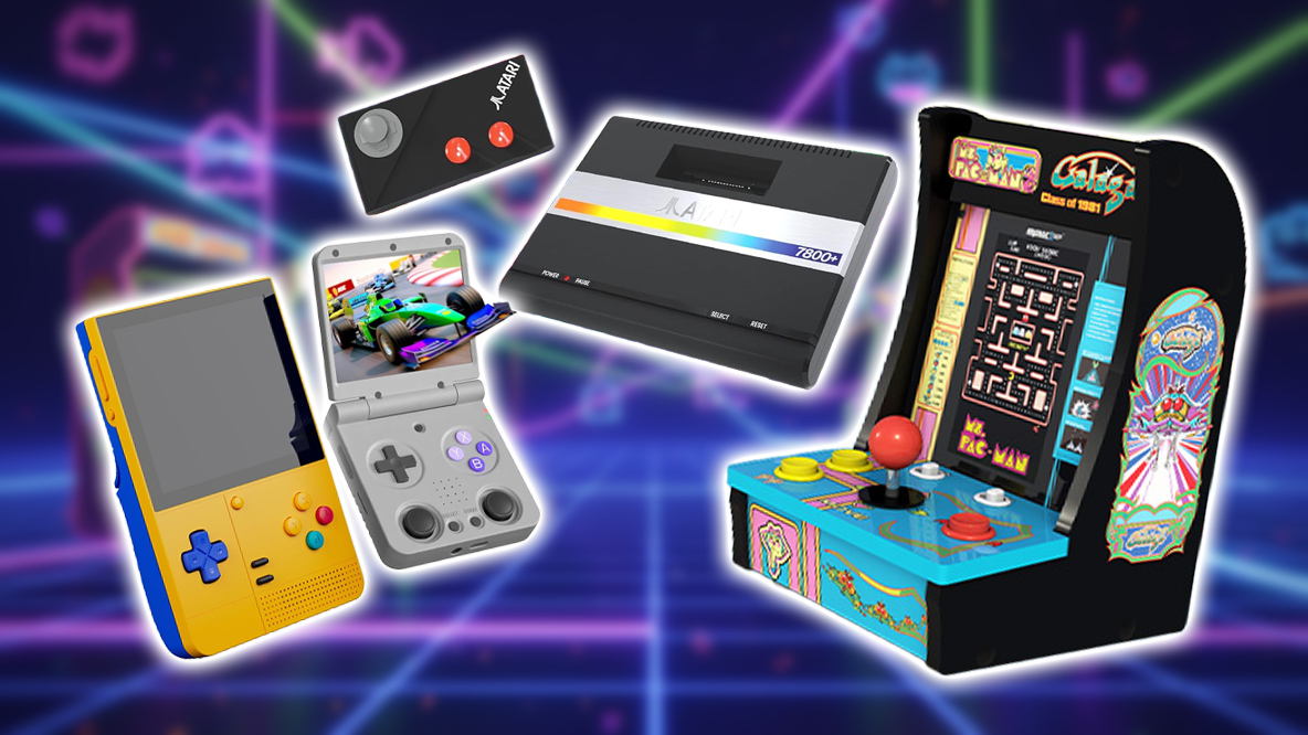 Retroid Pocket Classic, Miyoo V2, Atari console, and Ms. Pac-Man Arcade Bartop on a fun 80s retro background.