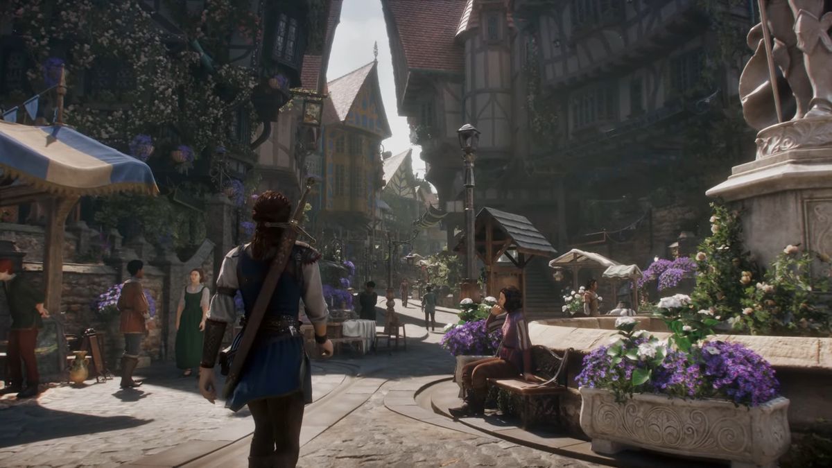 A screenshot of Fable&#039;s protagonist walking through a bright, urban area.