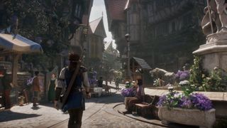 A screenshot of Fable's protagonist walking through a bright, urban area.