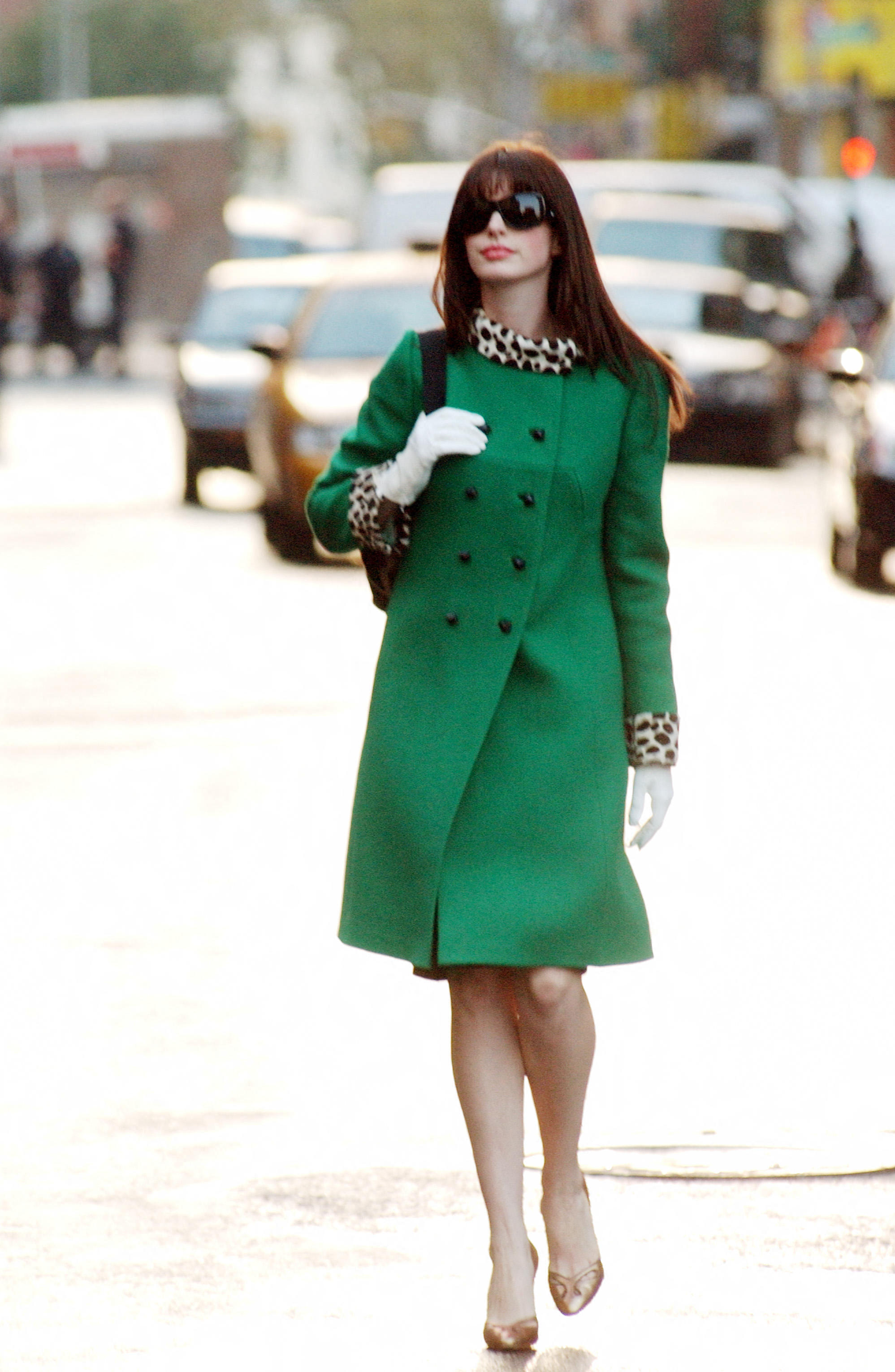 Anne Hathaway wore a green coat with leopard-print trim in the Devil Wears Prada film
