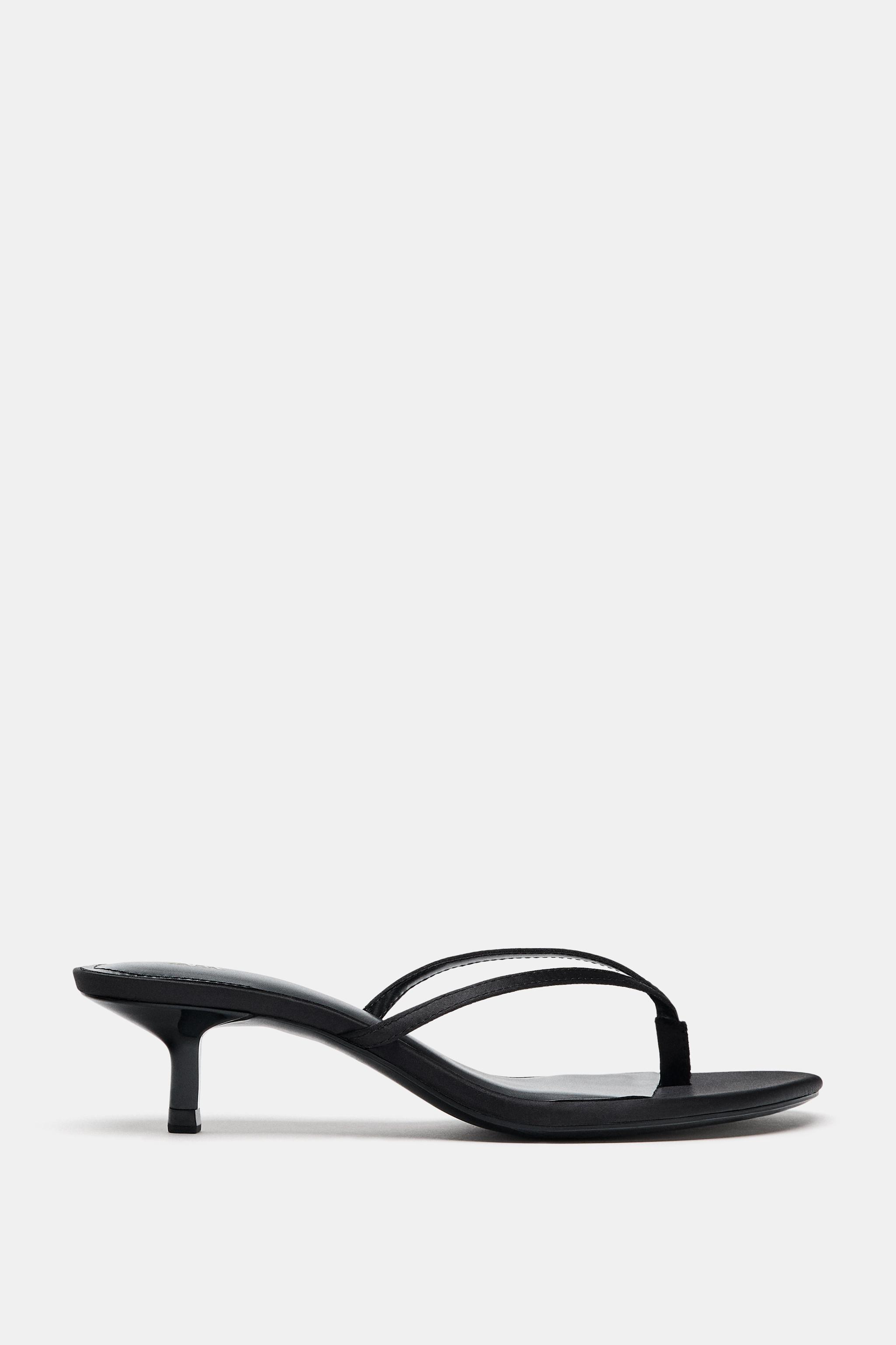 Satin Kitten Heel Sandals - Black - 5