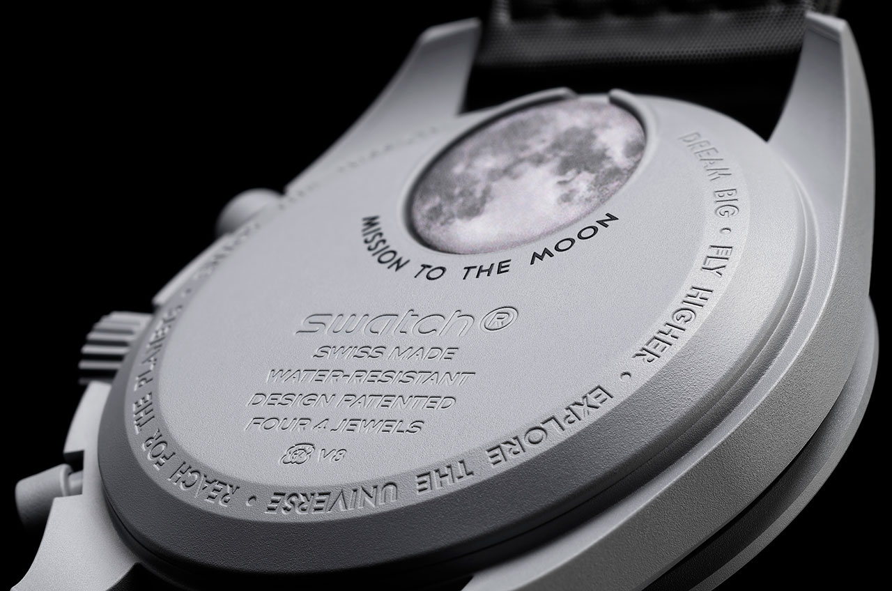 Each MoonSwatch is inscribed, "Reach for the Planets • Enjoy the Mission • Dream Big • Fly Higher • Explore the Universe" around the edge of the caseback and features a photo of its model's namesake planet or astronomical body on the battery cover.