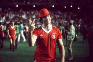 Nottingham Forest's Larry Lloyd gestures after victory in the 1980 European Cup final against Hamburg, the Reds' second successive title.