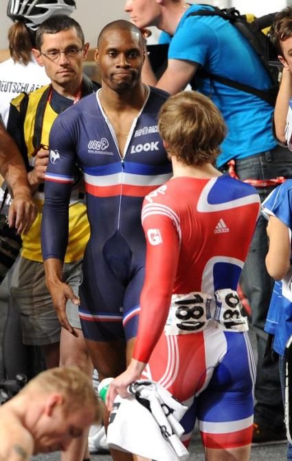 Gregory Bauge and Jason Kenny following a controversial men's sprint final, won by the Frenchman