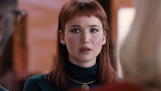 Jennifer Lawrence with red hair / bangs as Dr. Kate Dibasky in Don't Look Up