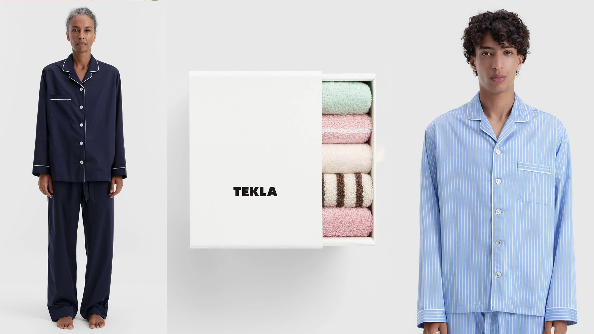 Tekla sleepwear and towel images.