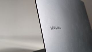 Close up detail shot of a Samsung Galaxy Book3 Ultra on a white desk