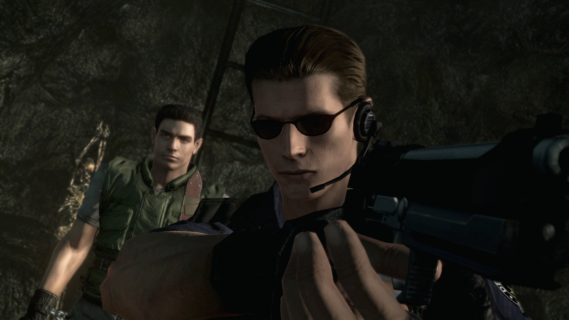 Resident Evil screenshot of Wesker, who wears shades and a headset