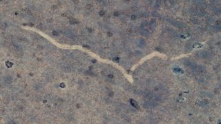 A satellite image of a light scribble-shaped scar over a dusty landscape