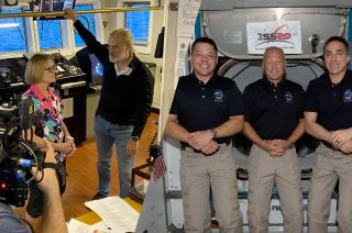 Kathy Sullivan, the first astronaut to dive to Challenger Deep, the deepest point on Earth, and pilot Victor Vescovo speak to the crew aboard the International Space Station, including NASA astronauts Bob Behnken, Doug Hurley and Chris Cassidy, while at sea aboard the DSSV Pressure Drop ship on June 7, 2020.