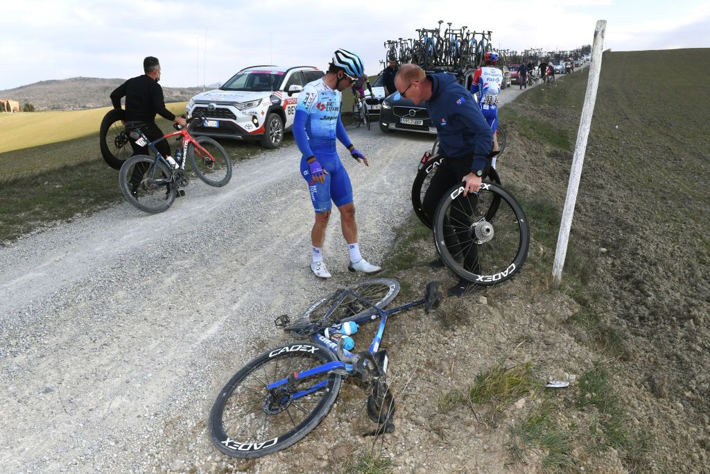 SIENA ITALY MARCH 05 Michael Matthews of Australia and Team Bikeexchange Jayco after being involved in a crash during the Eroica 16th Strade Bianche 2022 Mens Elite a 184km one day race from Siena to Siena Piazza del Campo 321m StradeBianche WorldTour on March 05 2022 in Siena Italy Photo by Tim de WaeleGetty Images