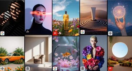 A grid of ten various AI-generated images, including portraits, a landscape with a man in a yellow suit, a product shot, a hand holding a glowing orb, an orange car in a garden, a chair in a room, a goldfish in a bowl, a person wearing a coat of colorful flowers, and a scenic view through a circular window.
