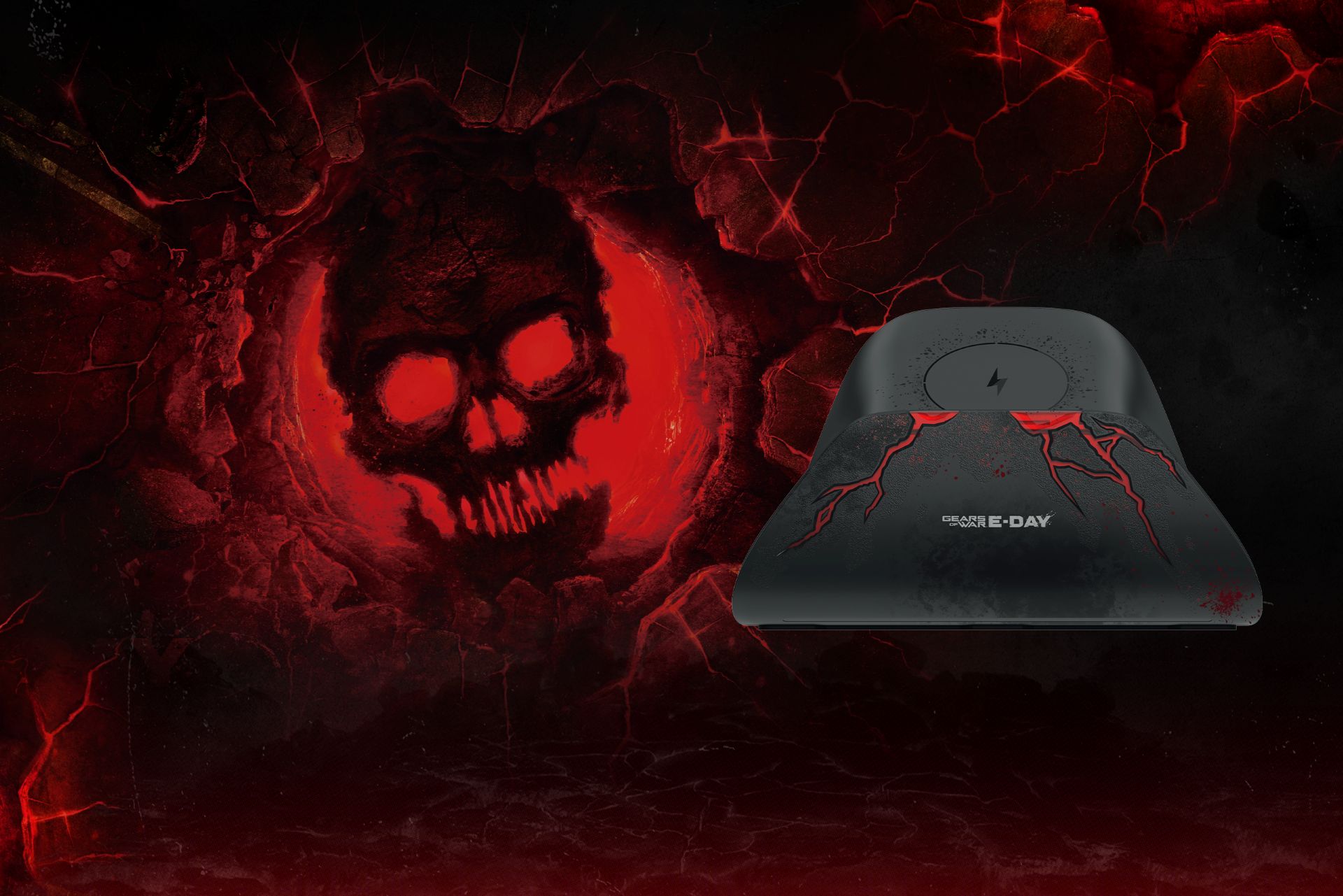 A black Gears of War E-Day themed charging stand with red lightning-like cracks, a lightning bolt icon, and a green Designed for Xbox circular logo placed next to the Gears of War logo.
