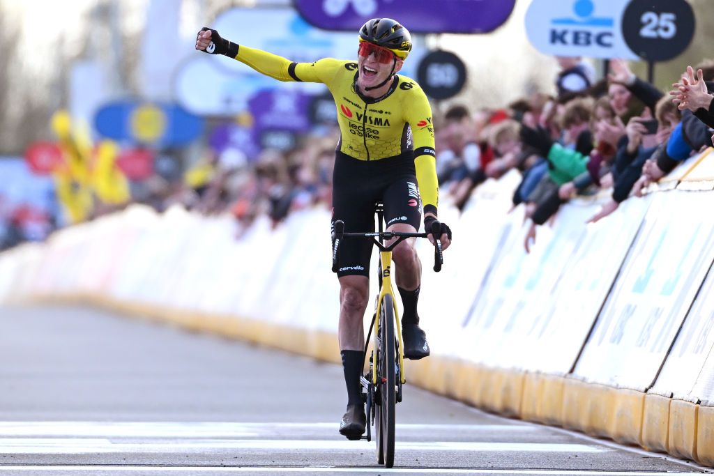 WAREGEM BELGIUM MARCH 27 Matteo Jorgenson of The United States and Team Visma Lease a Bike celebrates at finish line as race winner during the 78th Dwars Door Vlaanderen 2024 Mens Elite a 1886km one day race from Roeselare to Waregem UCIWT on March 27 2024 in Waregem Belgium Photo by Tim de WaeleGetty Images