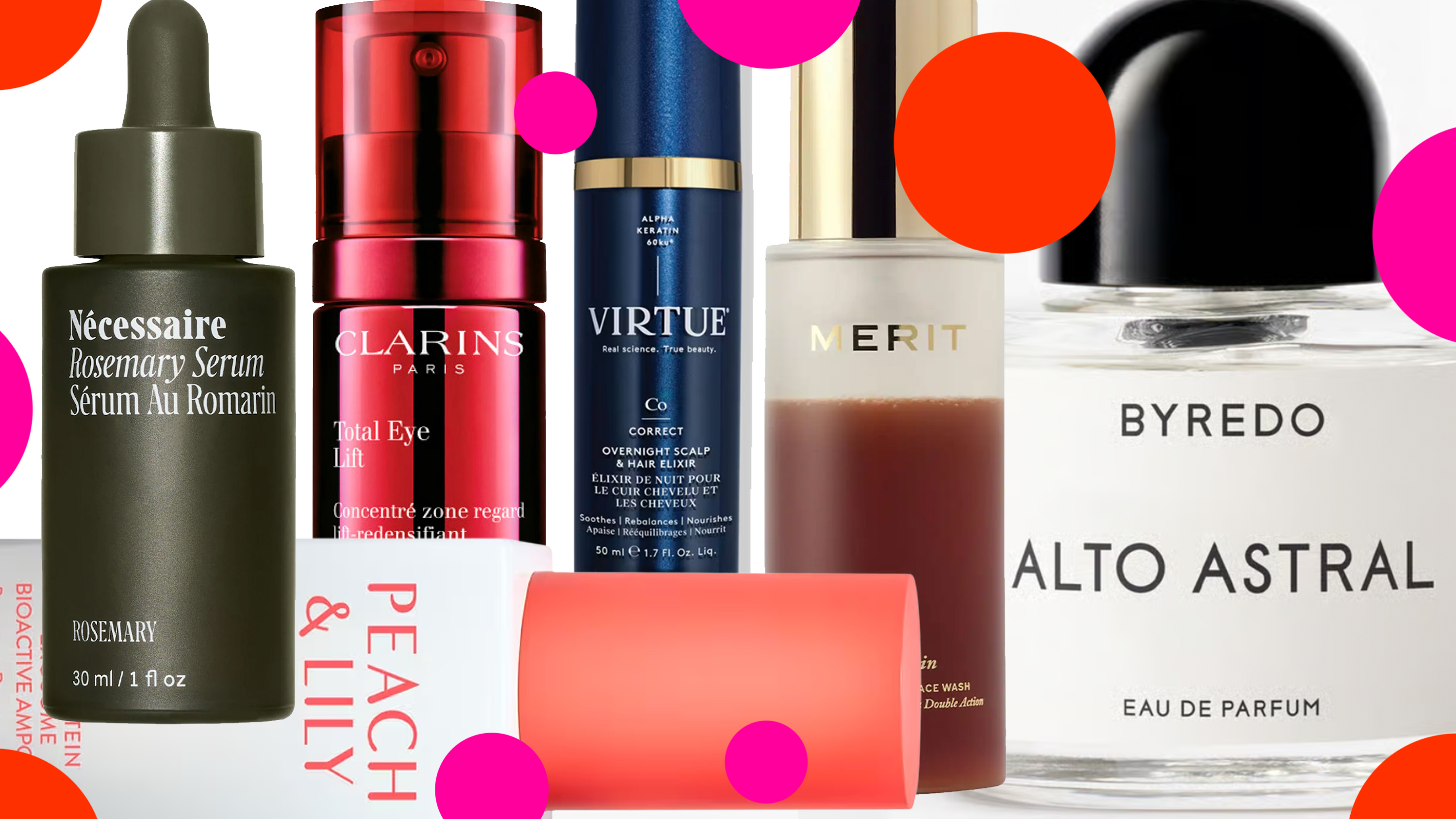 Collage of MERIT Great Skin Double Cleanse Makeup Removing Cleanser, Clarins Total Eye Lift Eye Cream, Virtue Overnight Scalp & Hair Elixir, Byredo Alto Astral perfume, PEACH & LILY Miniprotein Exosome Bioactive Ampoule, Nécessaire Rosemary Serum on white background with pink and red polka dots