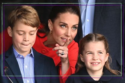 Kate Middleton pointing out something to Prince George and Charlotte, during a visit to Cardiff Castle in Wales on June 4, 2022 as part of the royal family's tour for Queen Elizabeth II's platinum jubilee celebrations