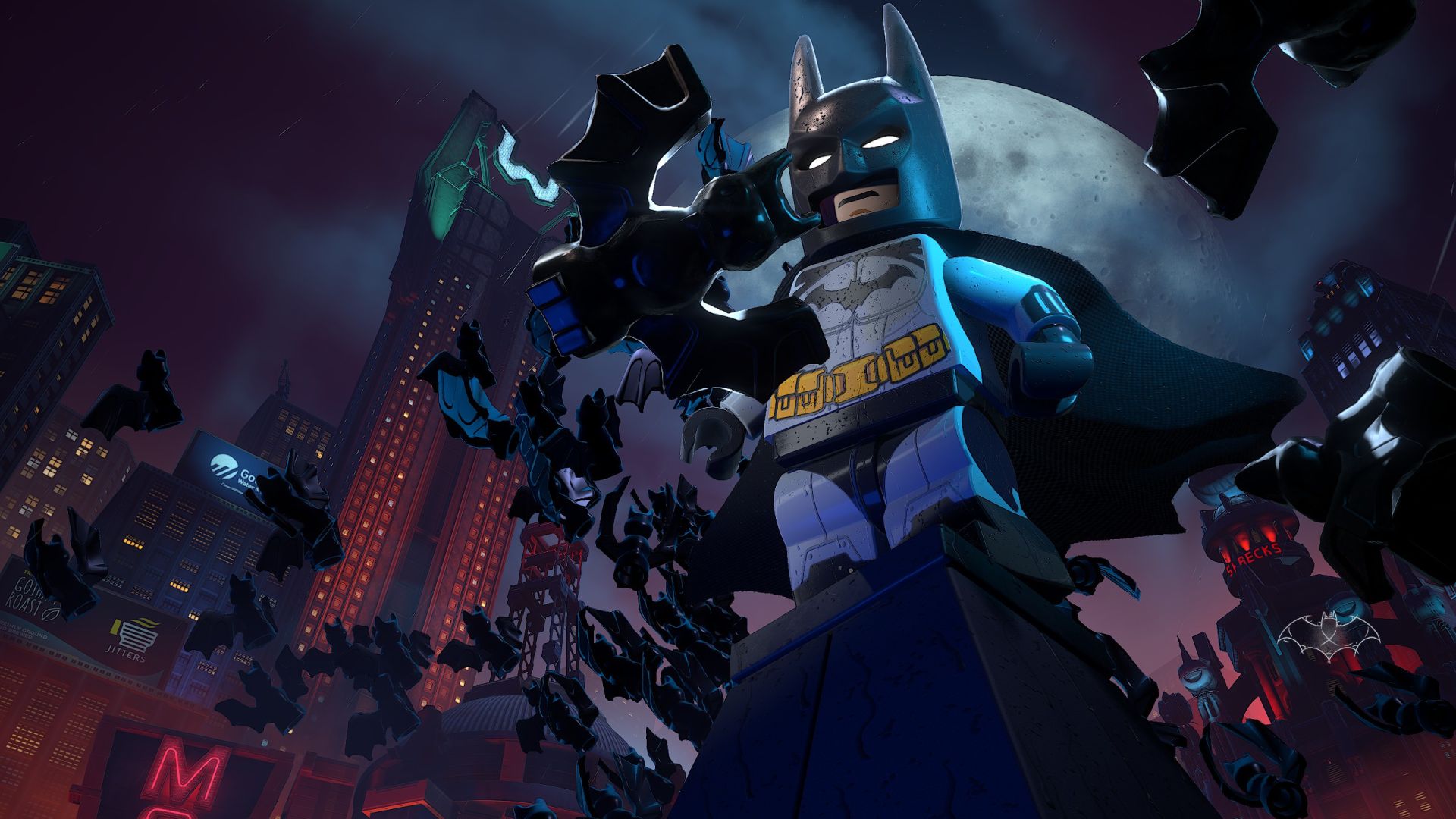 Batman perches on the rooftops surrounded by a swarm of bats