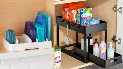 2 kitchen cabinet organizers, one white plastic organizer for container lids, another black under the sink organizer for cleaning products
