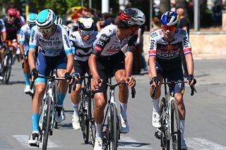 LECCE ITALY MAY 13 LR Fran Miholjevic of Croatia and Team Bahrain Victorious Isaac Del Toro of Mexico and Team UAE Team Emirates XRG and Primoz Roglic of Slovenia and Team Red Bull BORA hansgrohe compete during the 108th Giro dItalia 2025 Stage 4 a 189km stage from Alberobello Pietramadre to Lecce UCIWT on May 13 2025 in Lecce Italy Photo by Tim de WaeleGetty Images
