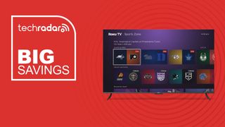 Roku Smart TV 65-Inch Pro Series 4K QLED on red background with TechRadar big savings sign
