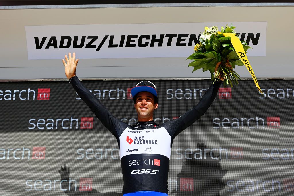 VADUZ LIECHTENSTEIN JUNE 19 Michael Matthews of Australia and Team BikeExchange Jayco celebrates winning the black points jersey on the podium ceremony after the 85th Tour de Suisse 2022 Stage 8 a 256km individual time trial stage from Vaduz to Vaduz tourdesuisse2022 WorldTour ITT on June 19 2022 in Vaduz Liechtenstein Photo by Tim de WaeleGetty Images