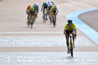 Tim van Dijke (Visma-Lease a Bike) sprints to the line in Paris-Roubaix