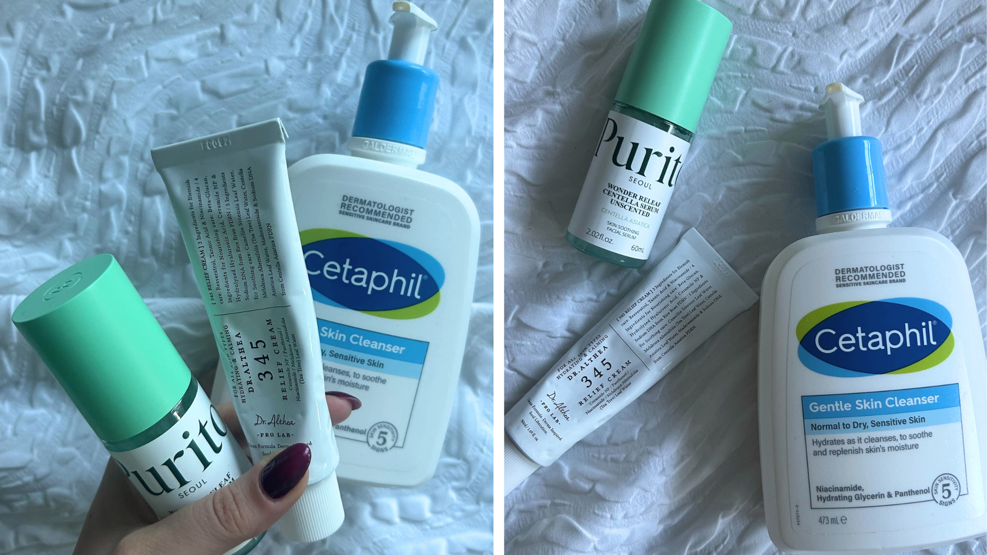Hand holding the Purito serum, Dr Althea 345 cream and Cetaphil cleanser (L) and the three skincare products laying on a white textured bed sheet (R)