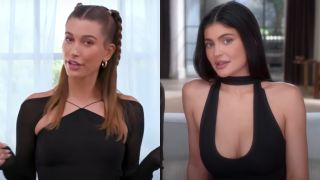 Hailey Bieber talks on her YouTube channel and Kylie Jenner is shown on The Kardashians.