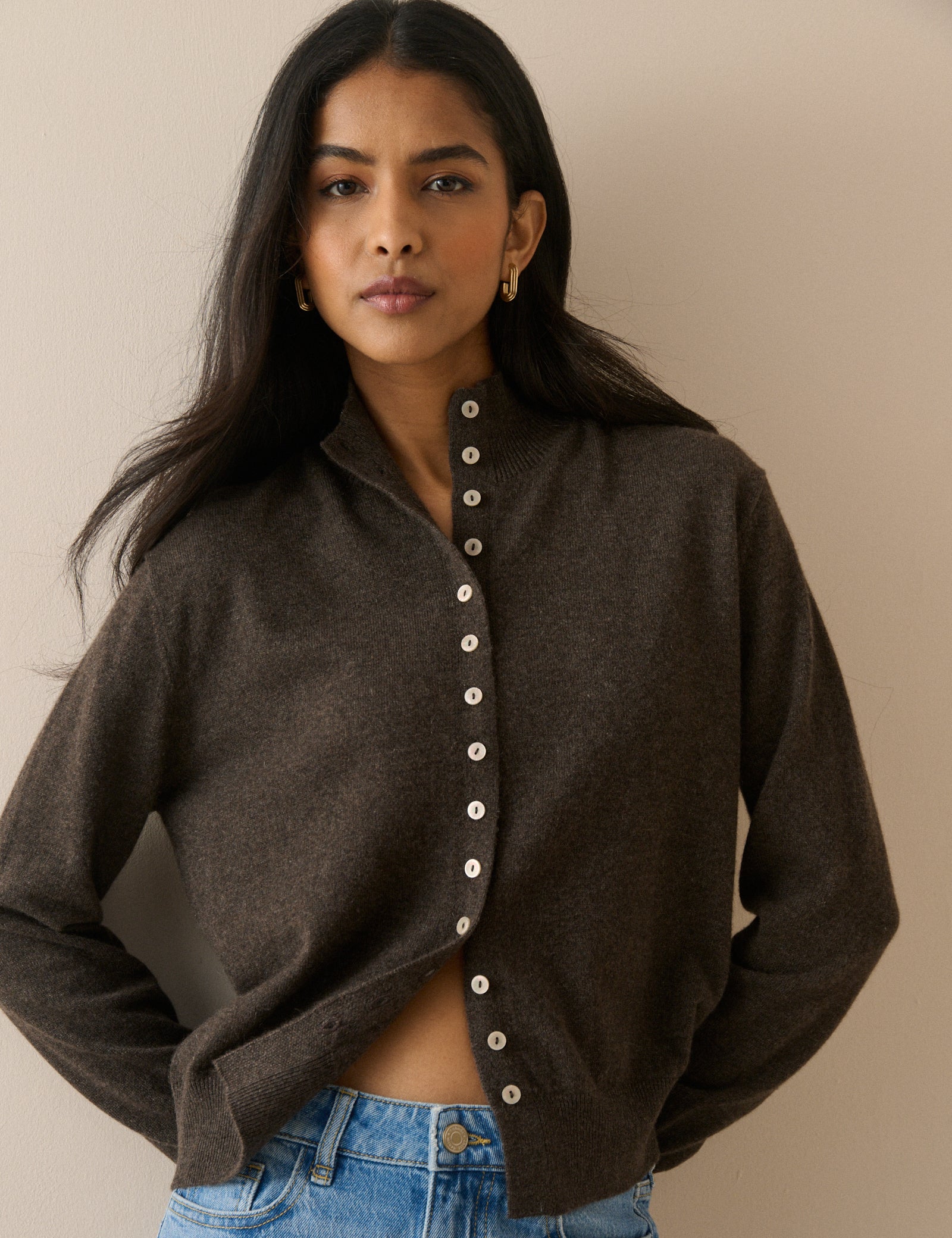 Brown Marl Cashmere Funnel Neck Cardigan