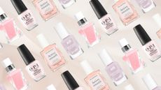 A collage of sheer nail polishes from essie, OPI, Manucurist and Barry M arranged in a repeated, diagonal line pattern over a sheer pink fabric-like background