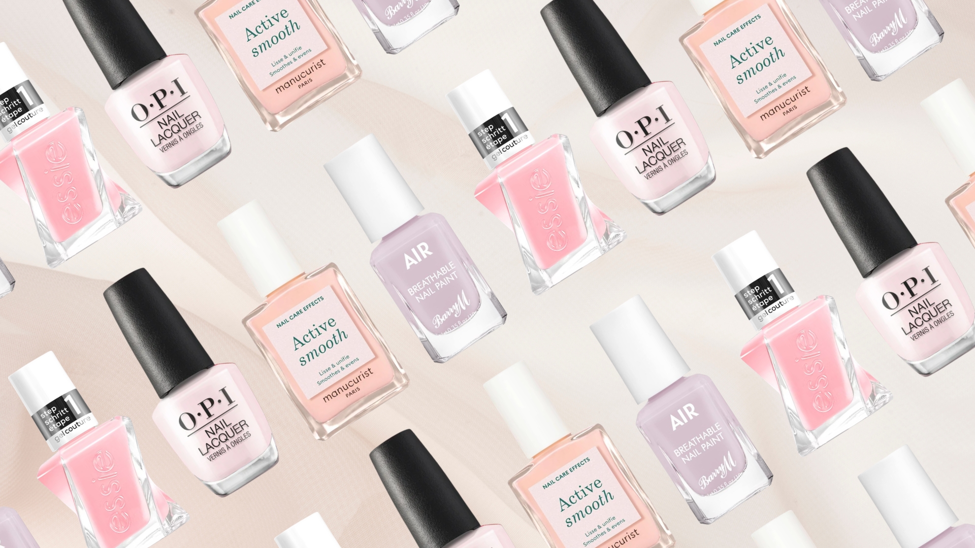 A collage of sheer nail polishes from essie, OPI, Manucurist and Barry M arranged in a repeated, diagonal line pattern over a sheer pink fabric-like background