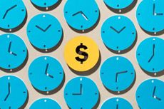 Paper Craft of a Yellow Dollar Sign Surrounded by Blue Clocks on Beige Background