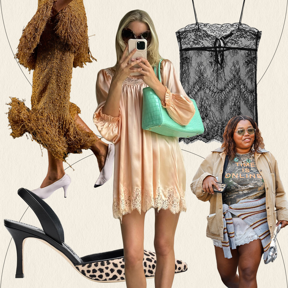 A collage featuring various summer 2026 trends on celebrities, stylists, and runway models.