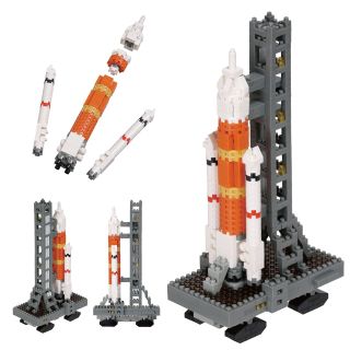 Four different views of the new Nanoblock model of NASA's Space Launch System rocket, which will send international Artemis astronaut crews to the moon.