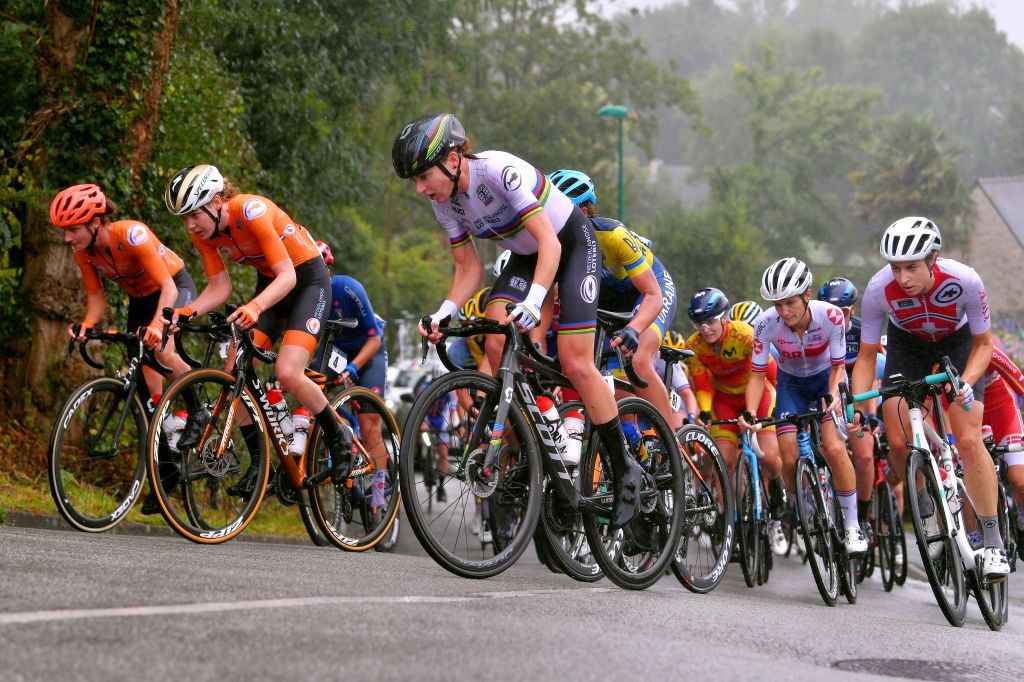 PLOUAY FRANCE AUGUST 27 Marianne Vos of The Netherlands Anna Van Der Breggen of The Netherlands Annemiek Van Vleuten of The Netherlands Peloton during the 26th UEC Road European Championships 2020 Womens Elite Road Race a 1092km race from Plouay to Plouay GrandPrixPlouay GPPlouay on August 27 2020 in Plouay France Photo by Luc ClaessenGetty Images