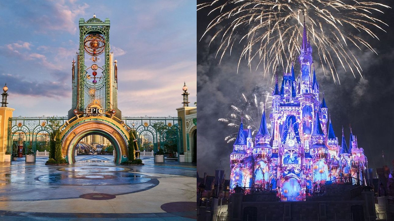 Epic Universe entry portal/Cinderella Castle at magic Kingdom with fireworks at night