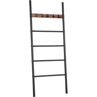 A black towel ladder with a wooden top level and hooks