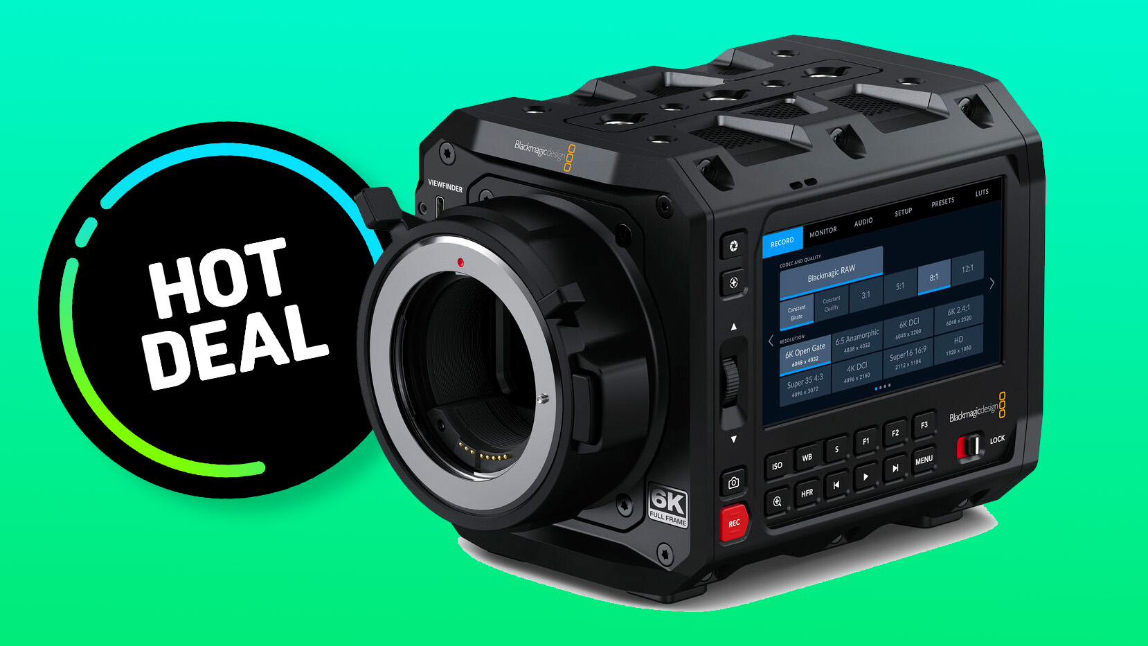 Blackmagic PYXIS 6K on green to blue gradient with roundel