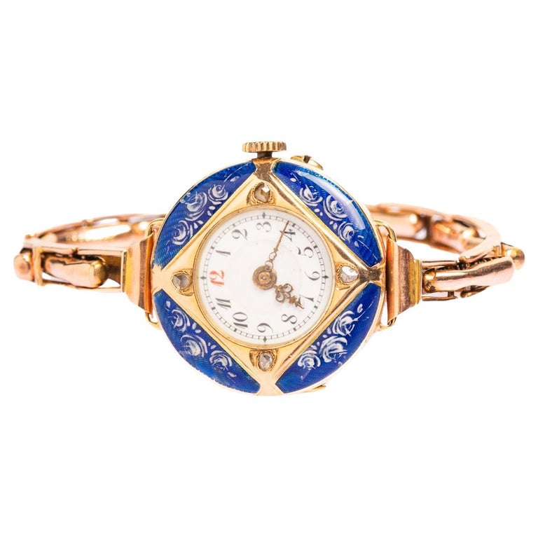 Antique Swiss 14 Ct Gold Blue Guilloch&amp;eacute; Enamel and Diamond Wristwatch