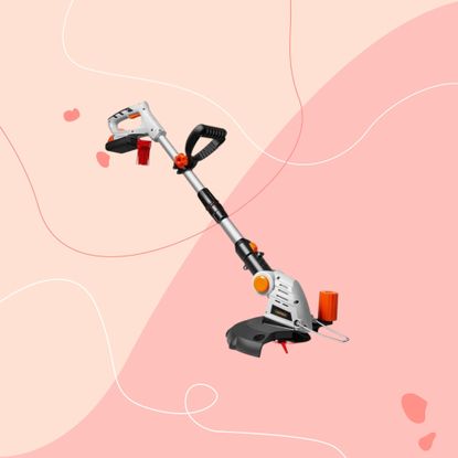Vonhaus g series cordless grass trimmer on a pink graphic background 2000 x 2000
